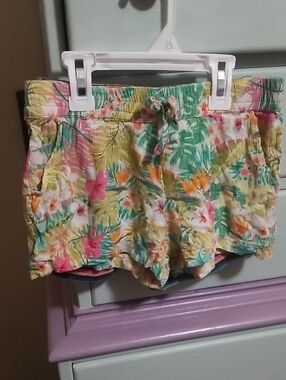 2 Pair Shorts Lot -Tropical Floral Drawstring Shorts & Dark Colors Strip Shorts
